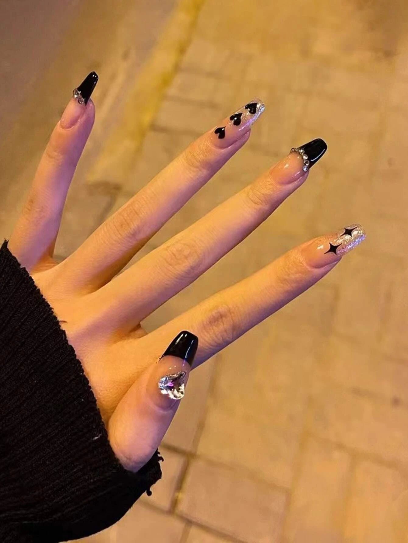 Transform Your Nails with 24pcs Long Coffin Black French Heart 3D Rhinestone Decor Fake Nail & 1sheet Tape & 1pc Nail File shein