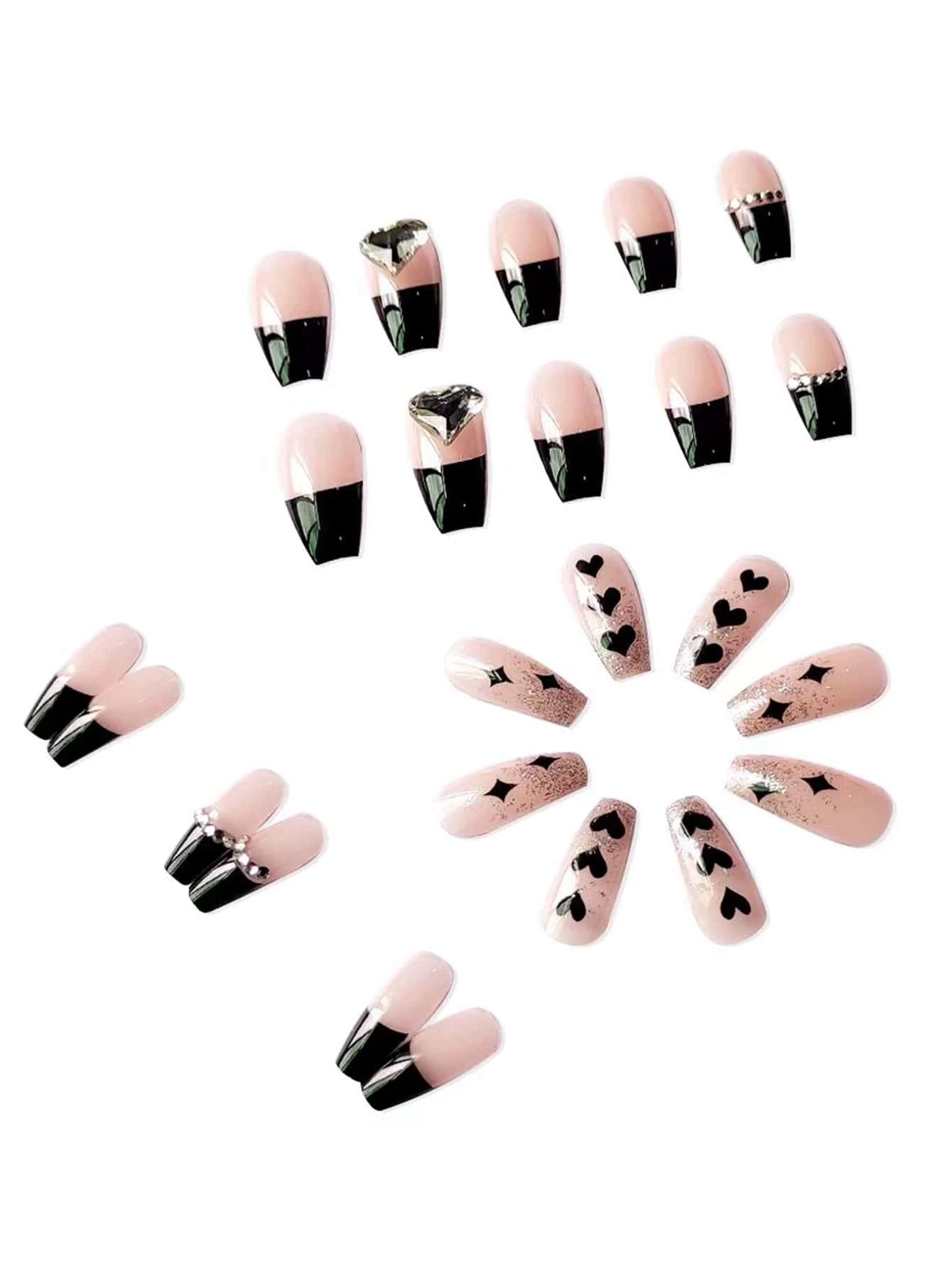 Transform Your Nails with 24pcs Long Coffin Black French Heart 3D Rhinestone Decor Fake Nail & 1sheet Tape & 1pc Nail File shein