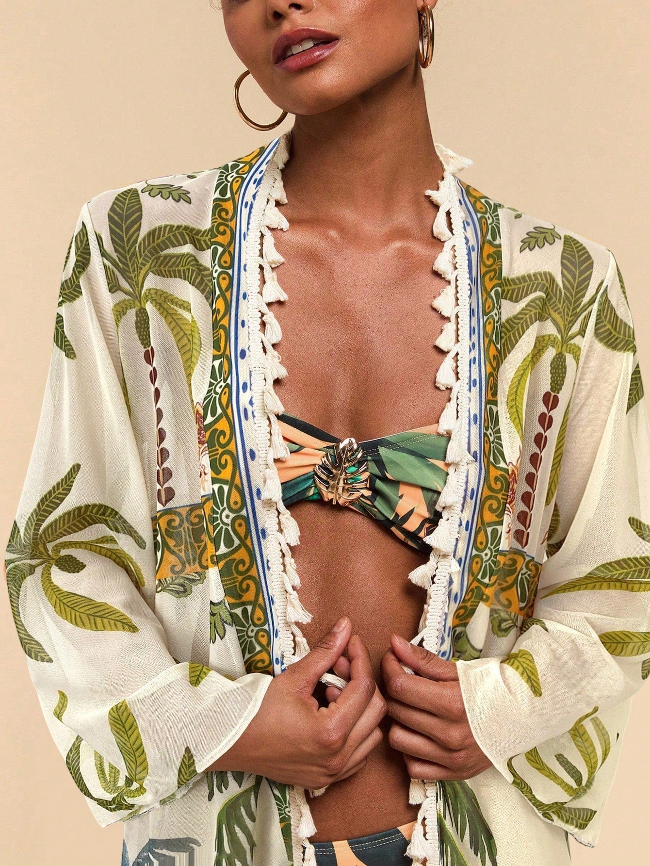 All-Over Print Tassel Decor Casual Vacation Long Sleeve Coverup shein