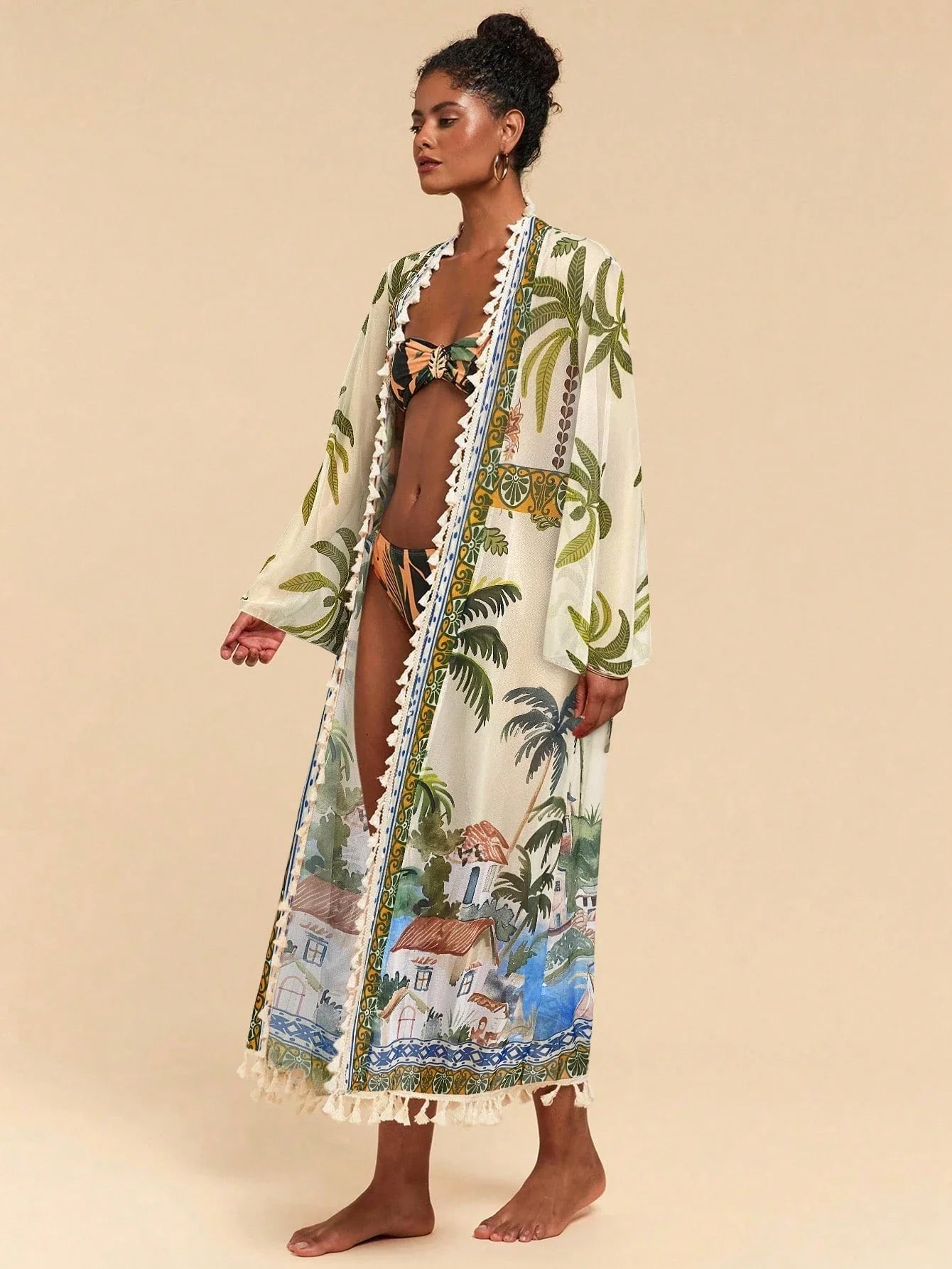 All-Over Print Tassel Decor Casual Vacation Long Sleeve Coverup shein