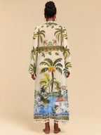 All-Over Print Tassel Decor Casual Vacation Long Sleeve Coverup shein