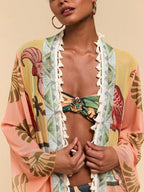 All-Over Print Tassel Decor Casual Vacation Long Sleeve Coverup shein
