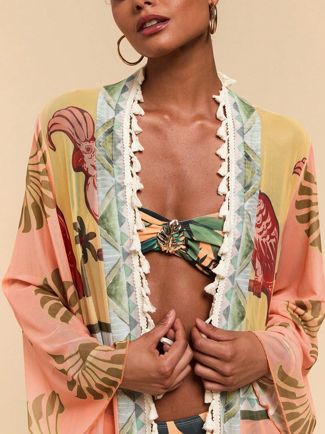 All-Over Print Tassel Decor Casual Vacation Long Sleeve Coverup shein