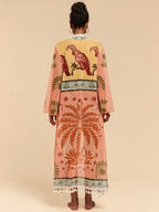 All-Over Print Tassel Decor Casual Vacation Long Sleeve Coverup shein