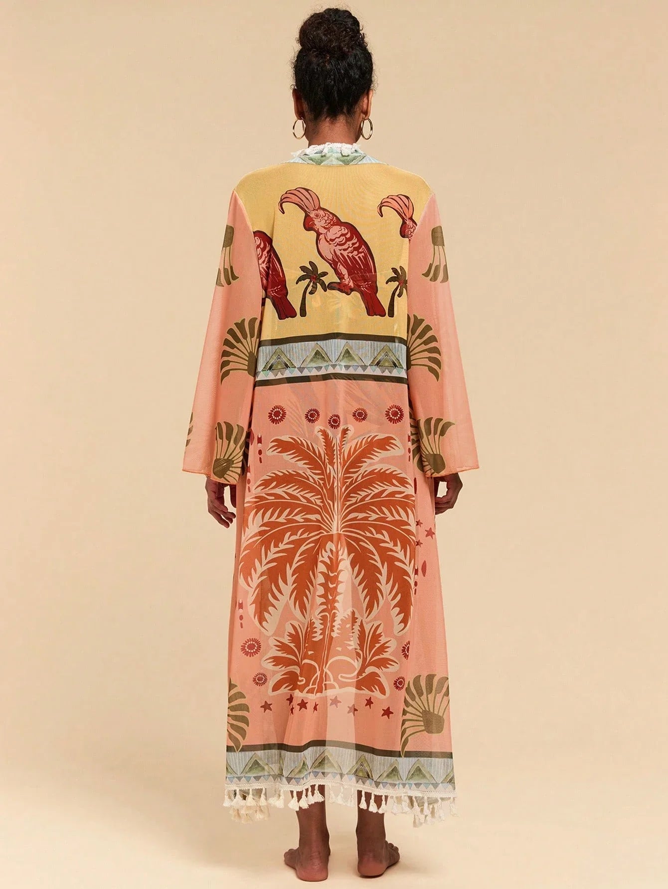 All-Over Print Tassel Decor Casual Vacation Long Sleeve Coverup shein