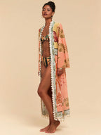 All-Over Print Tassel Decor Casual Vacation Long Sleeve Coverup shein