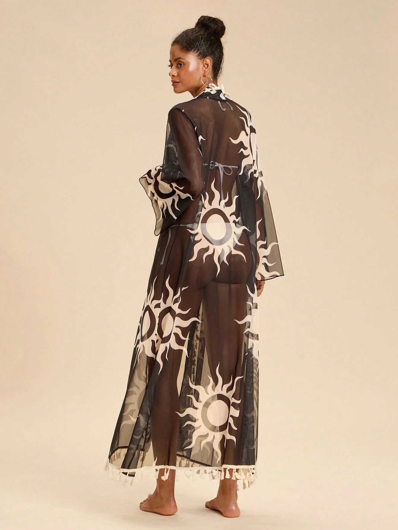 All-Over Print Tassel Decor Casual Vacation Long Sleeve Coverup shein