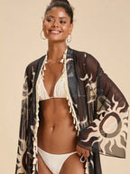 All-Over Print Tassel Decor Casual Vacation Long Sleeve Coverup shein