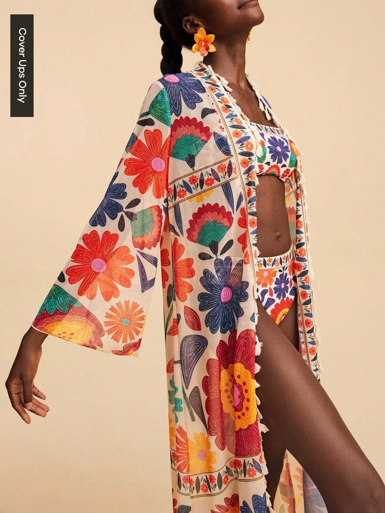 All-Over Print Tassel Decor Casual Vacation Long Sleeve Coverup shein