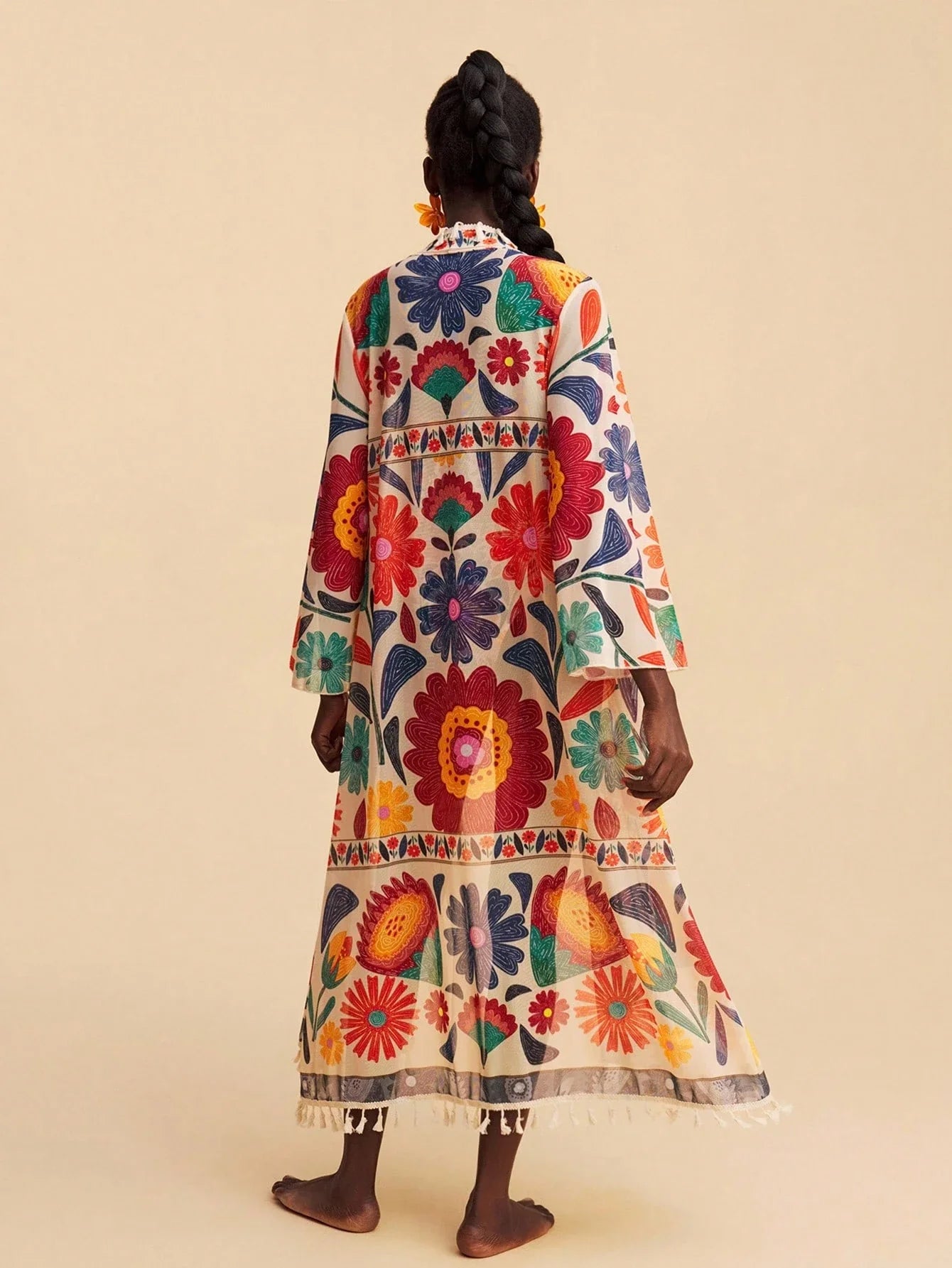 All-Over Print Tassel Decor Casual Vacation Long Sleeve Coverup shein