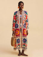 All-Over Print Tassel Decor Casual Vacation Long Sleeve Coverup shein