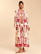 All-Over Print Tassel Decor Casual Vacation Long Sleeve Coverup shein