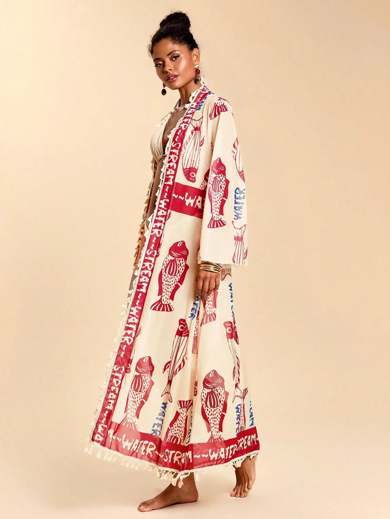 All-Over Print Tassel Decor Casual Vacation Long Sleeve Coverup shein