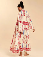 All-Over Print Tassel Decor Casual Vacation Long Sleeve Coverup shein