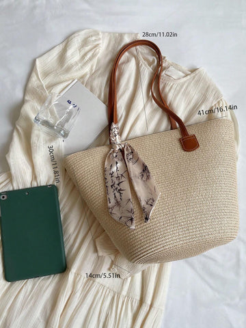 Tropiscape Minimalist Silk Scarf Decoration Woven Straw Handbag