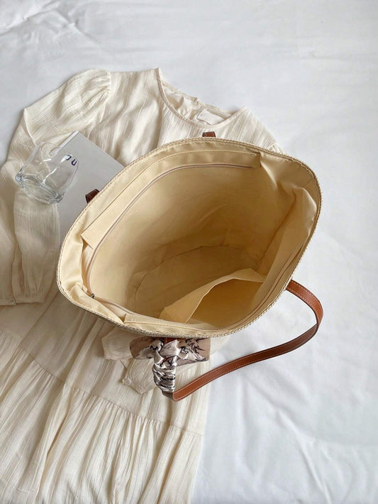 Tropiscape Minimalist Silk Scarf Decoration Woven Straw Handbag