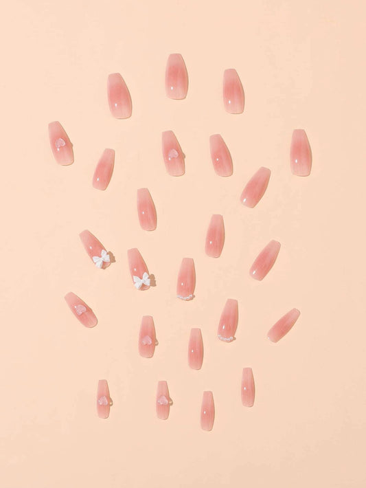 Upgrade Your Look with 24pcs Long Coffin Pink Ombre 3D Heart Bow Decor Pearl Fake Nail & 1pc Nail File & 1sheet Tape shein