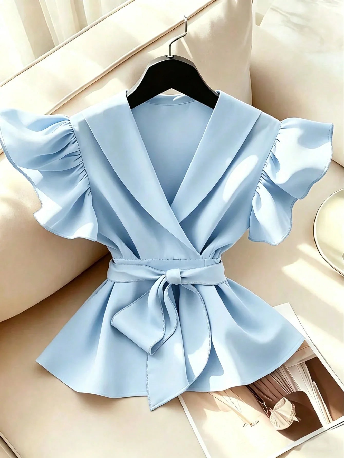 Elegant V-Neck Solid Color Ruffle Sleeve Tie Waist Shirt With Sash shein