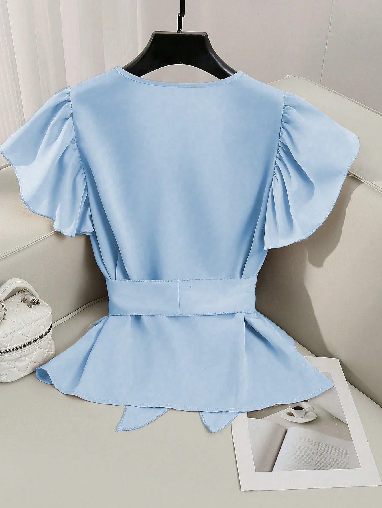 Elegant V-Neck Solid Color Ruffle Sleeve Tie Waist Shirt With Sash shein