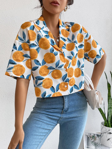 VCAY Allover Fruit Print Lapel Collar Drop Shoulder Blouse shein