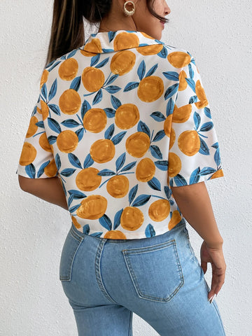 VCAY Allover Fruit Print Lapel Collar Drop Shoulder Blouse shein