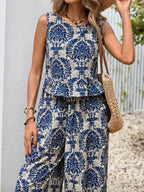 VCAY Damask Print Ruffle Hem Tank Top & Wide Leg Pants Summer Two Piece Outfits shein