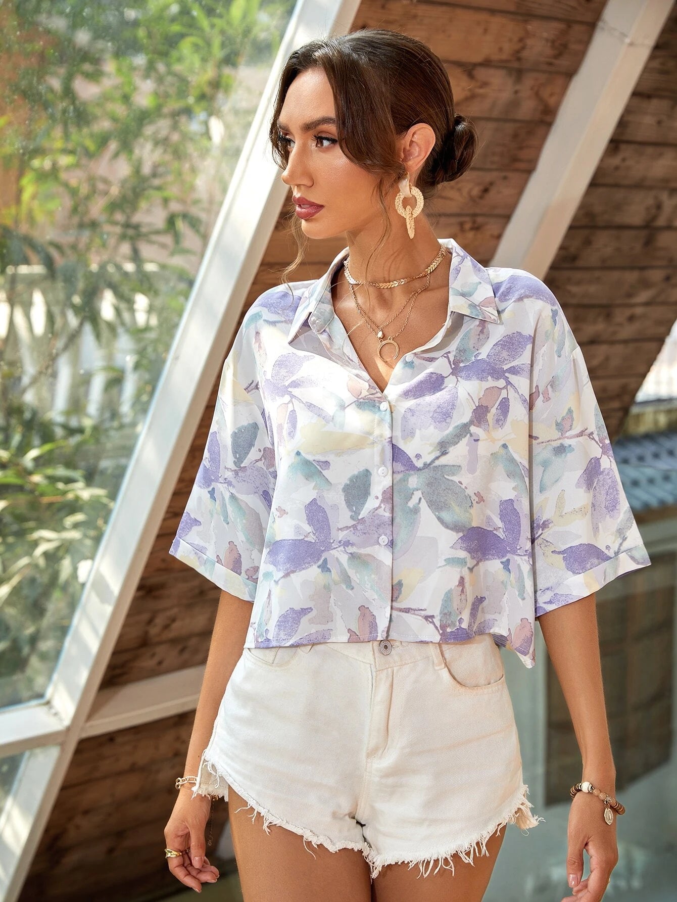 VCAY Floral Print Drop Shoulder Shirt shein