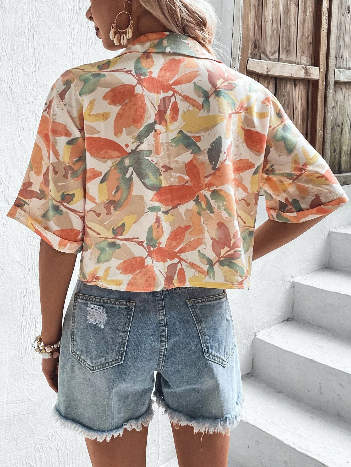 VCAY Floral Print Drop Shoulder Shirt shein