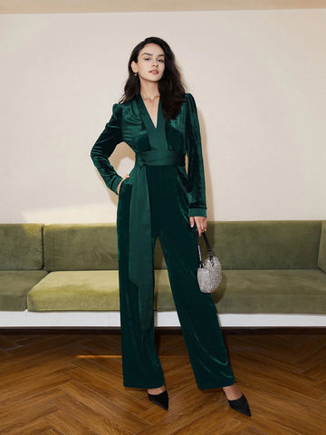 V Neck Belted Velvet Jumpsuit shein