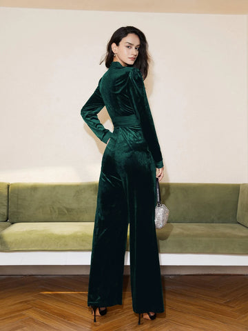 V Neck Belted Velvet Jumpsuit shein