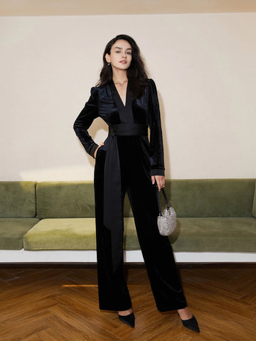 V Neck Belted Velvet Jumpsuit shein