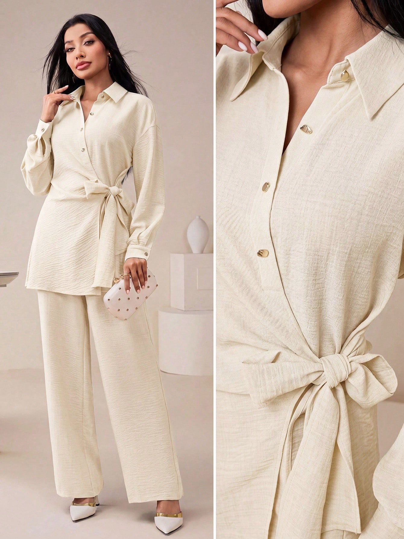 Women's Casual Solid Color Shirt & Pants shein