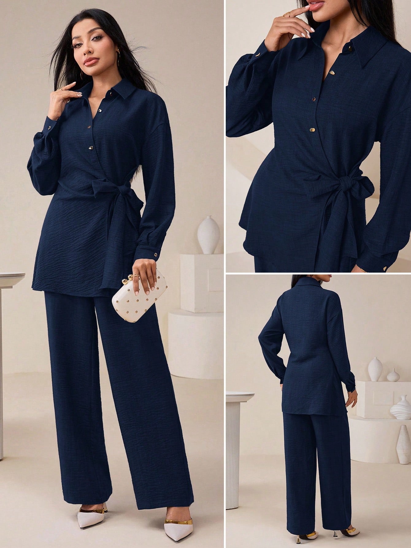 Women's Casual Solid Color Shirt & Pants shein