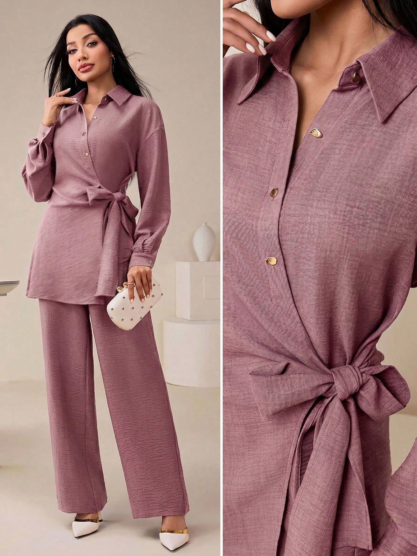 Women's Casual Solid Color Shirt & Pants shein