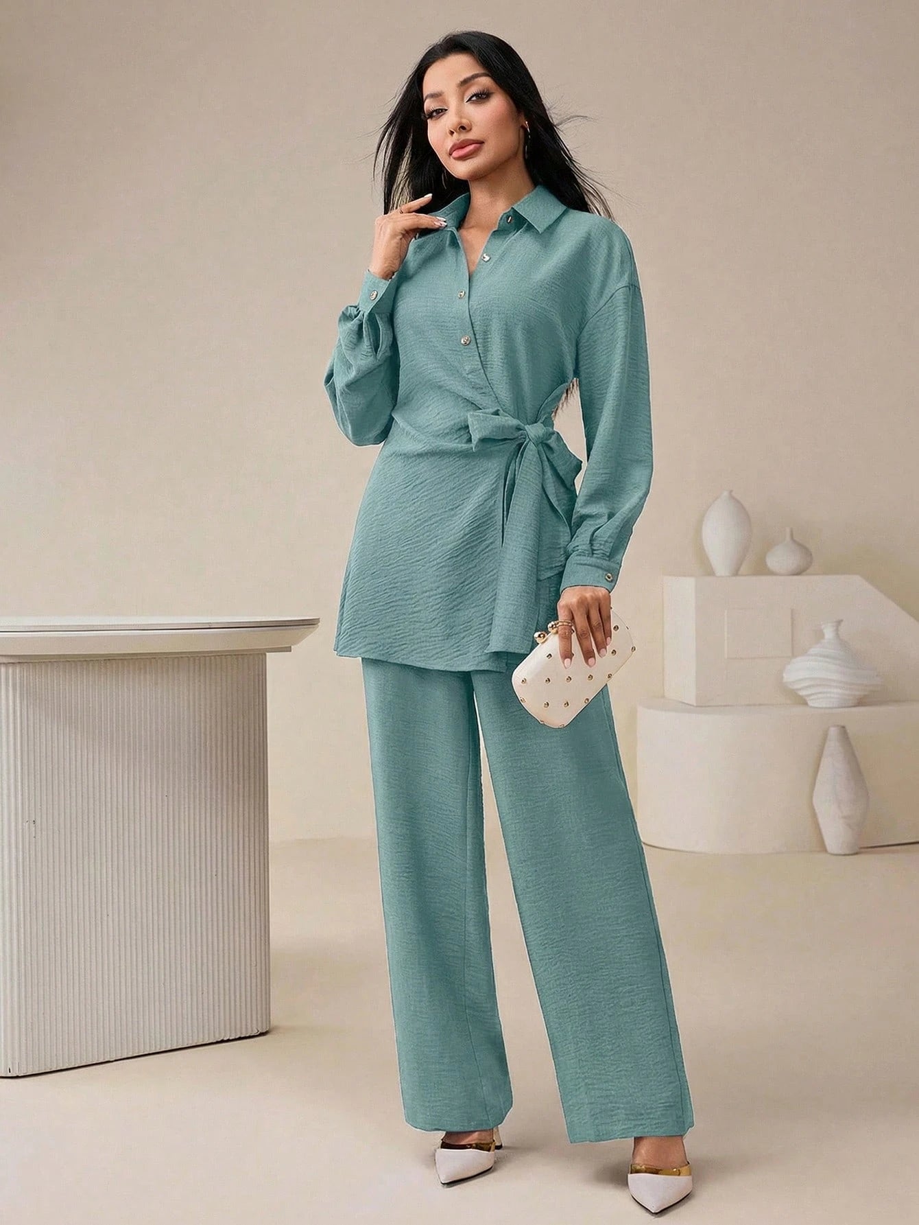 Women's Casual Solid Color Shirt & Pants shein