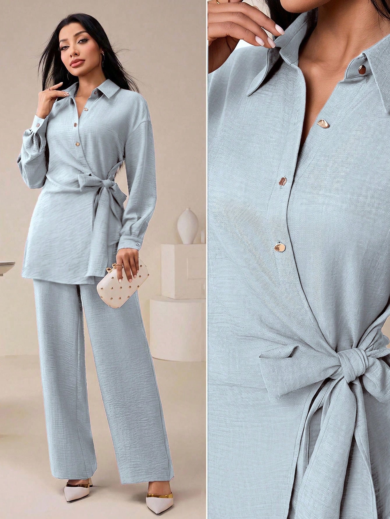 Women's Casual Solid Color Shirt & Pants shein