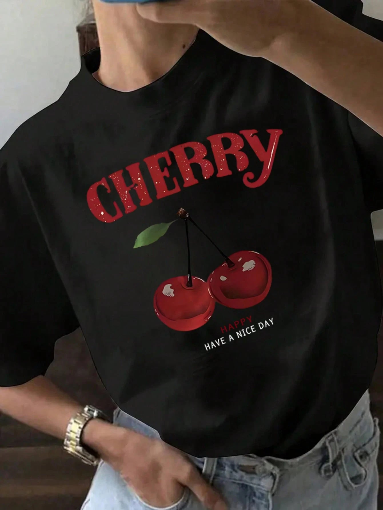 Fruit & Cherry Print Short Sleeve Round Neck Casual T-Shirt