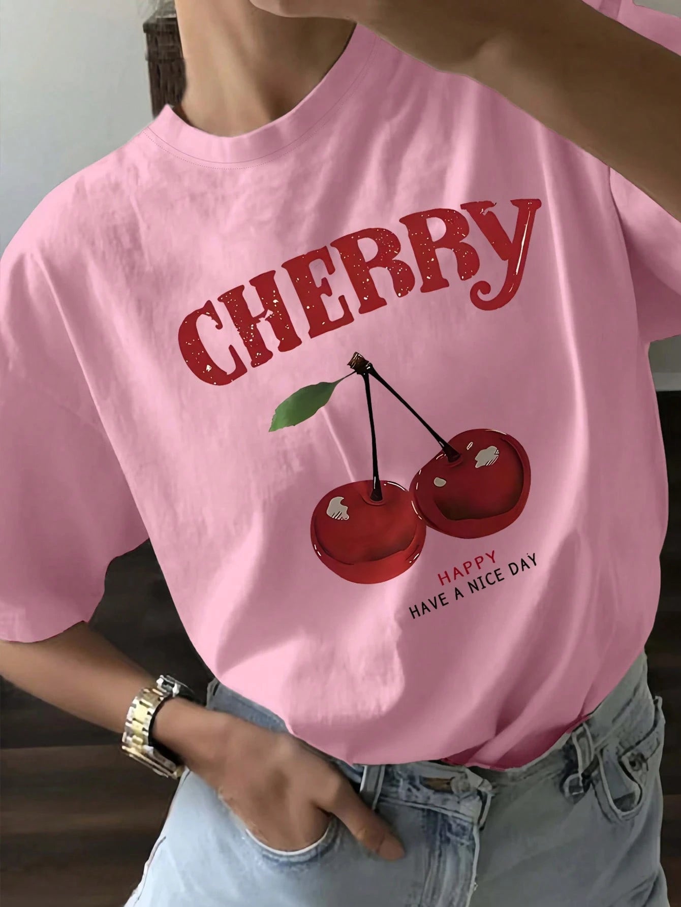 Fruit & Cherry Print Short Sleeve Round Neck Casual T-Shirt
