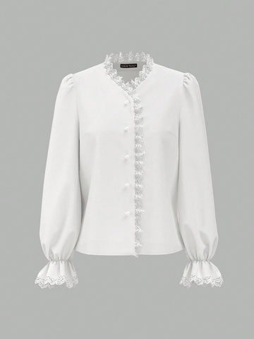 Vintage Women's Elegant Cherry Print Lace Trim Blouse