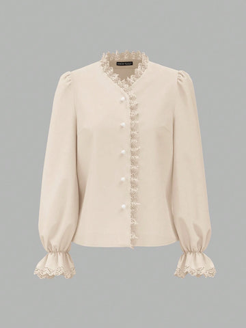 Vintage Women's Elegant Cherry Print Lace Trim Blouse