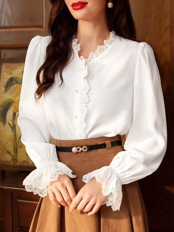 Vintage Women's Elegant Cherry Print Lace Trim Blouse