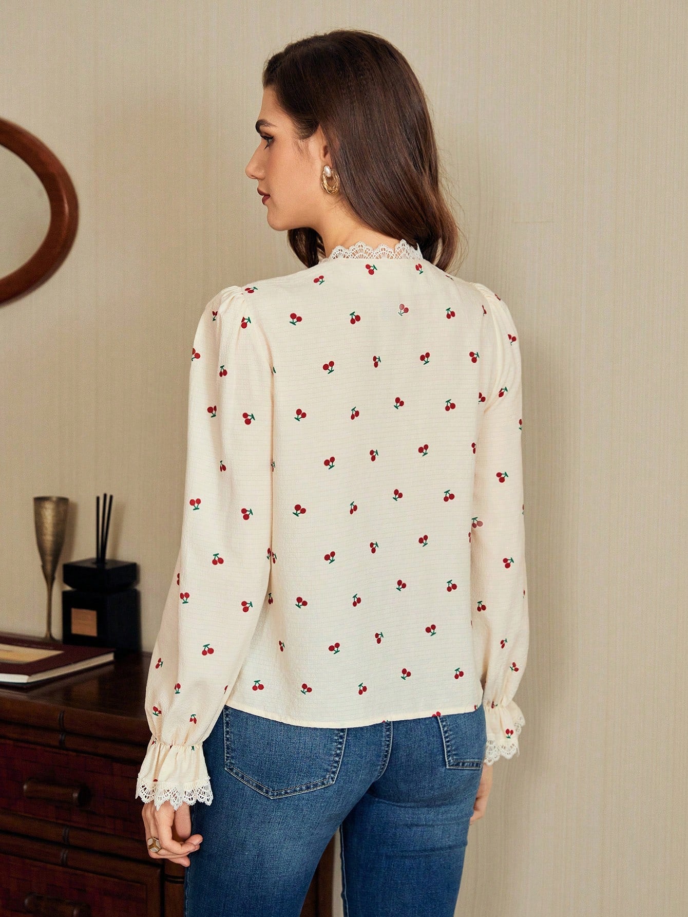 Vintage Women's Elegant Cherry Print Lace Trim Blouse shein