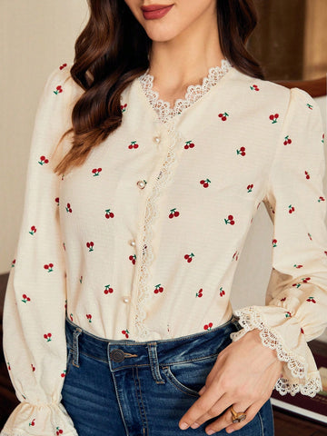Vintage Women's Elegant Cherry Print Lace Trim Blouse
