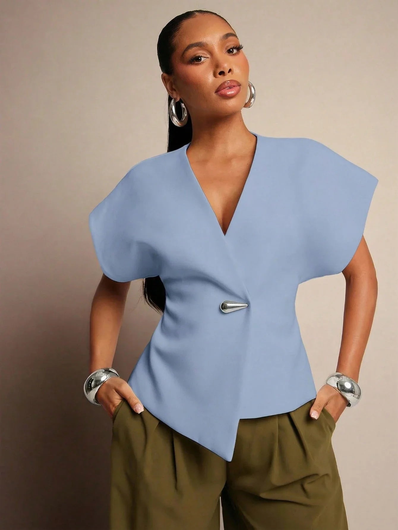 Vixey Solid Textured Woven Asymmetrical Hem Single Button Waistcoat Top shein