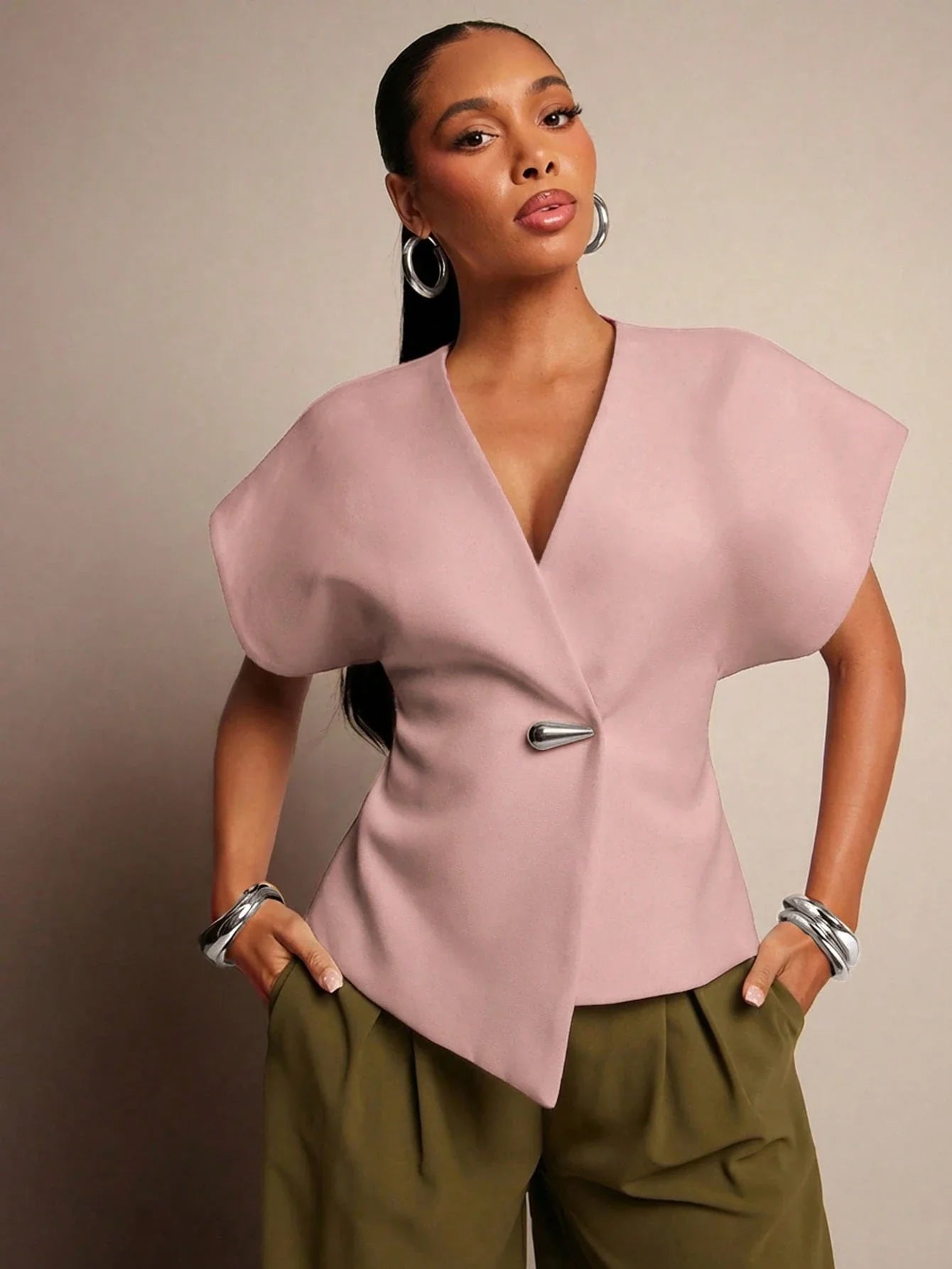 Vixey Solid Textured Woven Asymmetrical Hem Single Button Waistcoat Top shein