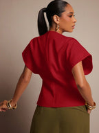 Vixey Solid Textured Woven Asymmetrical Hem Single Button Waistcoat Top shein