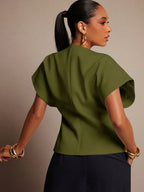 Vixey Solid Textured Woven Asymmetrical Hem Single Button Waistcoat Top shein