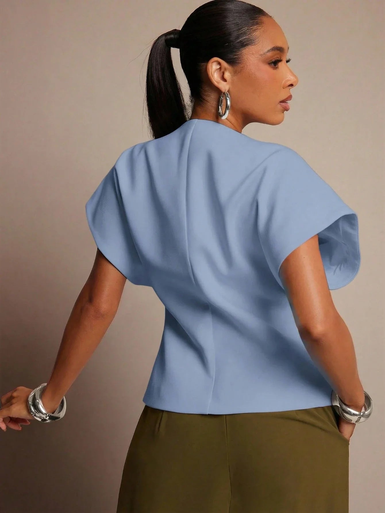 Vixey Solid Textured Woven Asymmetrical Hem Single Button Waistcoat Top shein