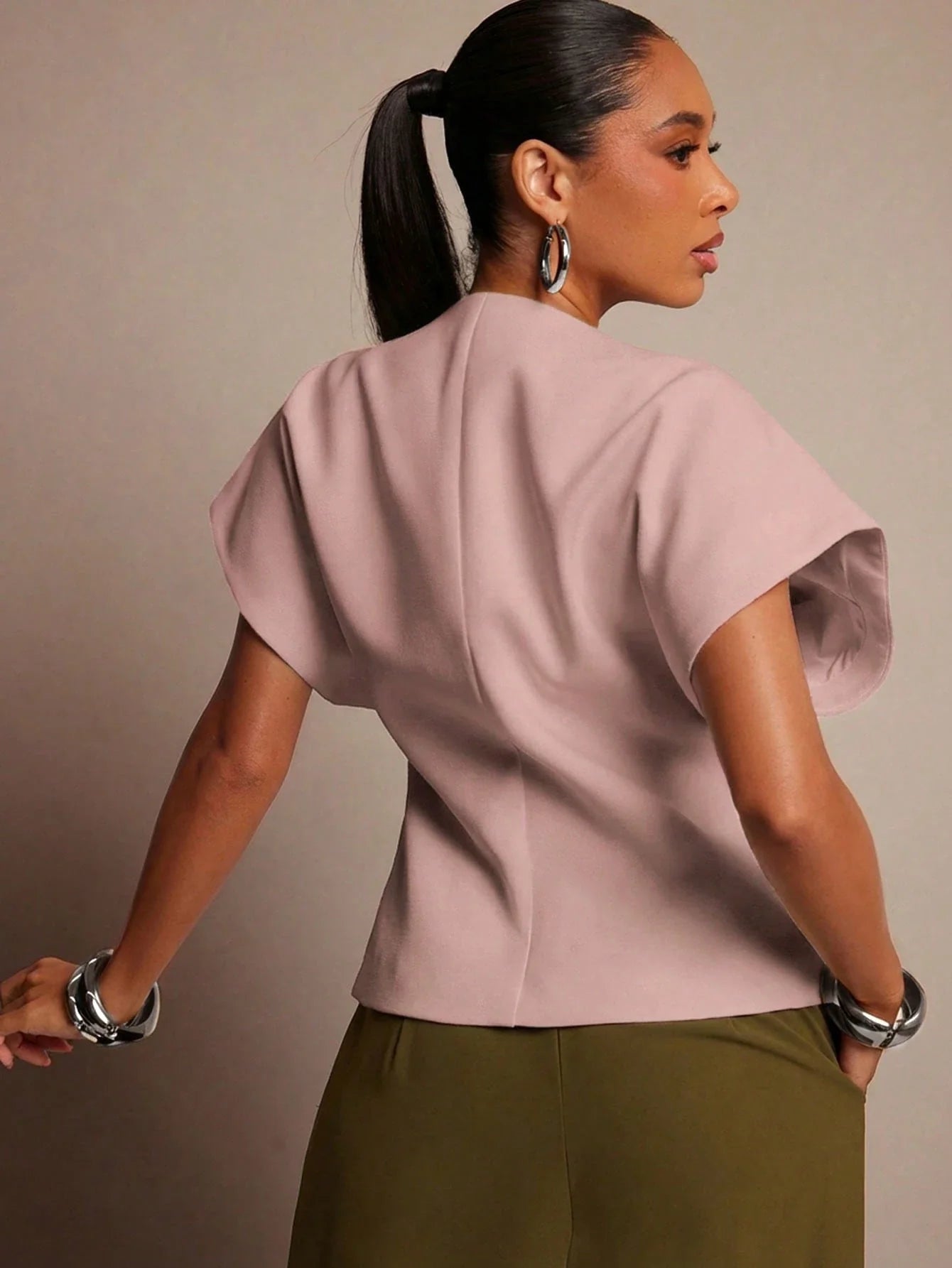 Vixey Solid Textured Woven Asymmetrical Hem Single Button Waistcoat Top shein