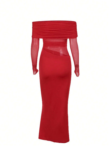 Women's Solid Off Shoulder Mesh Hollow Out Fitted Long Dress